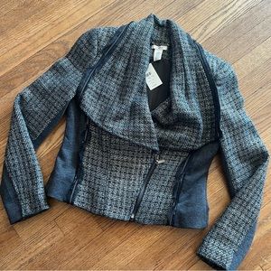 Cache Wool Blend Silver Metallic Tweed Biker Style Jacket Size 6